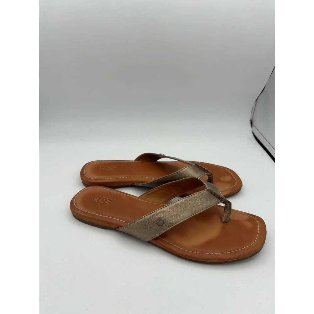 UGG Shoes Womens Size 8‎ Gold Leather Thong Sandals Flat Comfort 1109656